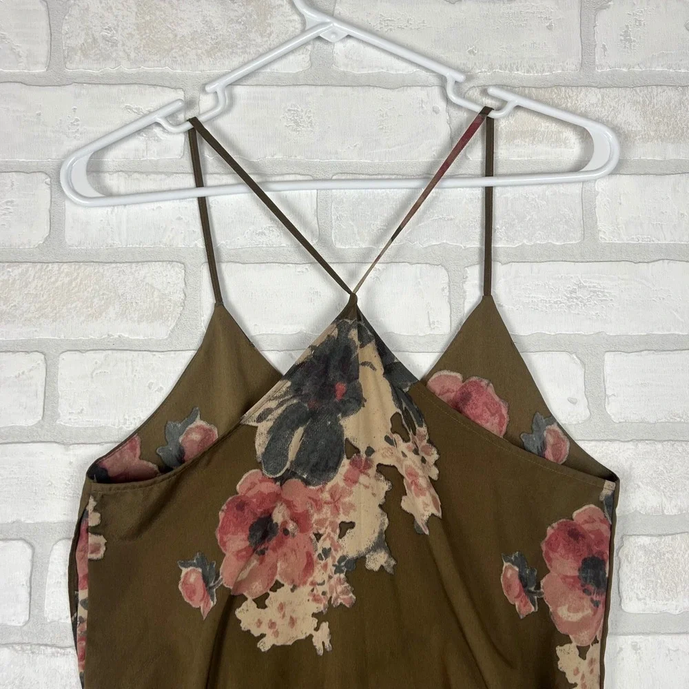 Intimately Free People XS Olive Green Floral Cami Cross Back Spaghetti Strap Top